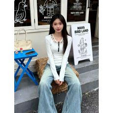 批发韩系酷辣风镂空拉链V领长袖T恤2025年秋冬新款设计感<b class='q'>街头</b>chic上衣