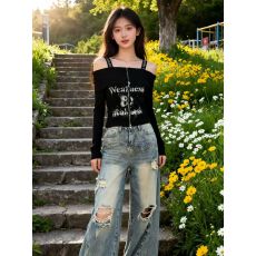 批发美式<b class='q'>街头</b>风印花一字肩长袖T恤2025年秋冬新款别致小众设计感上衣