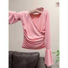 批发实拍时尚甜辣风V领褶皱长袖打底衫T恤女秋冬新款修身显瘦内搭<b class='q'>上衣</b>