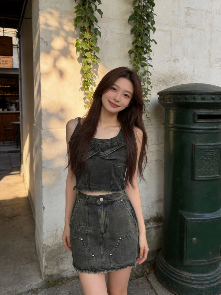 레트로 아메리칸 바람 데님 슬립 쇼트 스타일 맨위 2026 여름 새로운 차가운 매운맛 품격 몸매 가꾸기 여성 패션 세트