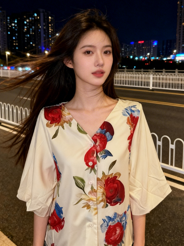 한 부서 명문 여성 바람 단추 꽃무늬 V넥 반팔 셔츠 2026 년 여름 새로운 잘 생긴 고유 한 아름다운 맨위