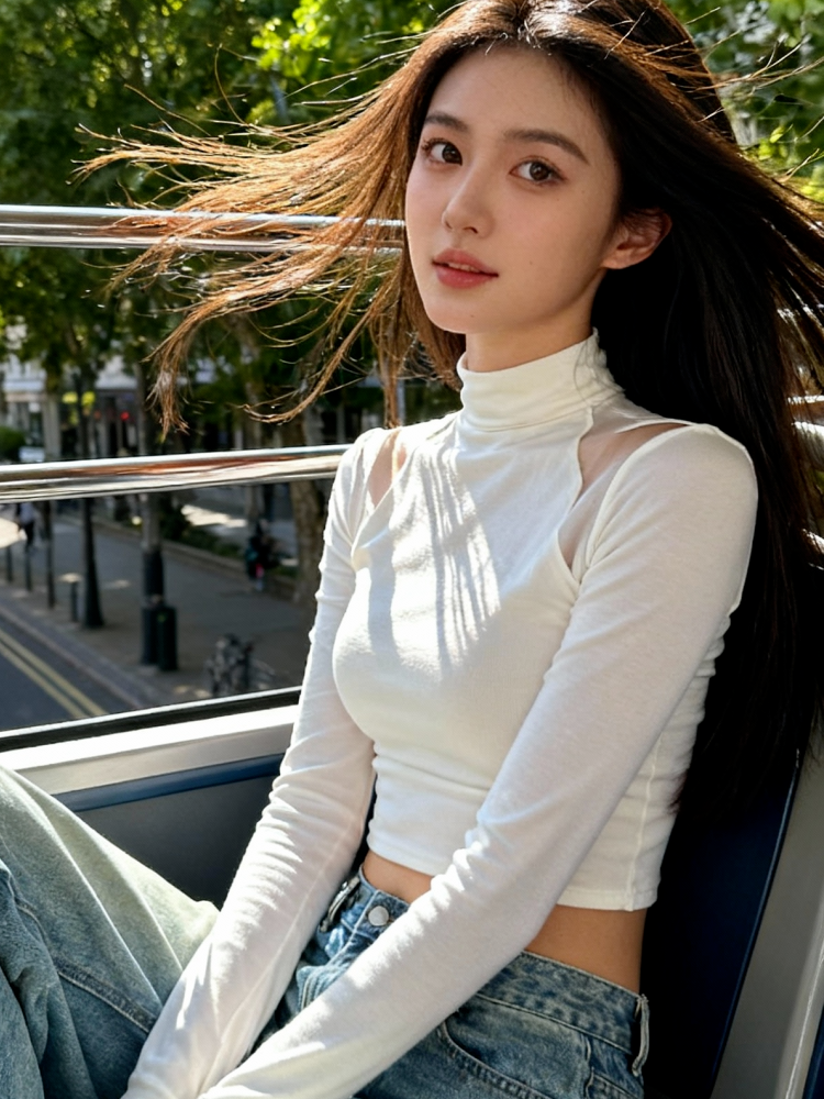 아메리칸 핫걸 바람 터틀넥 망사 패치워크 긴팔 티셔츠 2026 봄 새로운 디자인 센스 품격 몸매 가꾸기 맨위