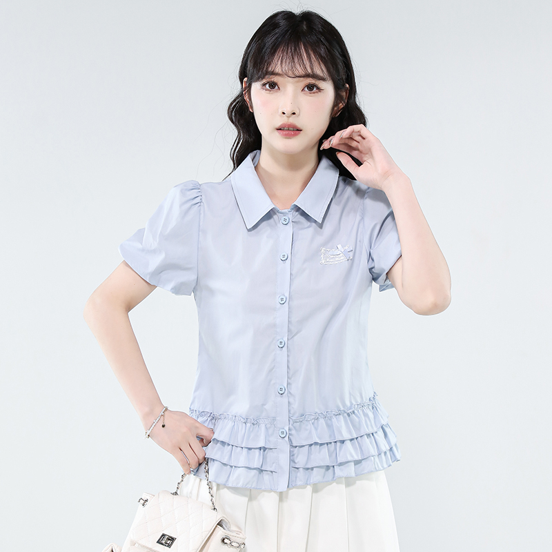 프릴 허리 수축 반팔 여성 셔츠 2026 여름 새로운 한국 스타일 달콤함 연령 감소 출퇴근 다용도 맨위 여성