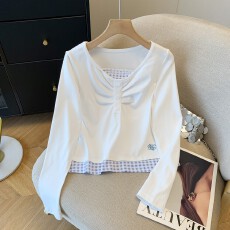 批发甜美风假两件蕾丝拼接长袖t恤女<b class='q'>夏</b>季2025新款设计感小众格子上衣
