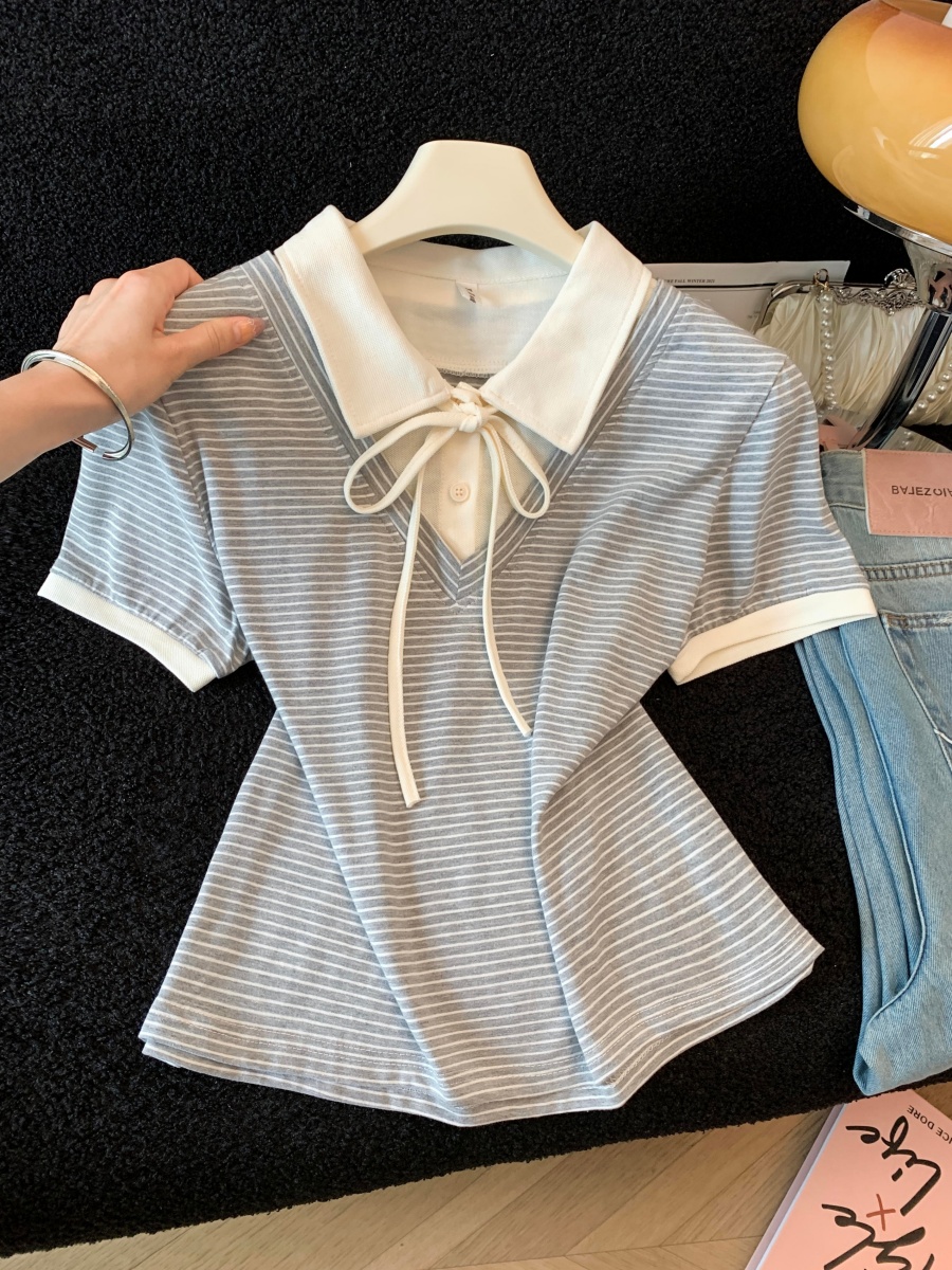 한 부서 polo 폴로 칼라 페이크 레이어드 스트라이프 레이스업 티셔츠 여성 2026 새로운 여름 품격 반팔 맨위 여성