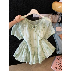 批发法式蝴蝶印花雪纺两件套女<b class='q'>夏季</b>新款系带收腰泡泡袖减龄娃娃衫套装