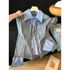 批发实拍POLO领<b class='q'>假两件</b><b class='q'>衬衫</b>女2026秋新款长袖条纹<b class='q'>衬衣</b>拼接上衣女