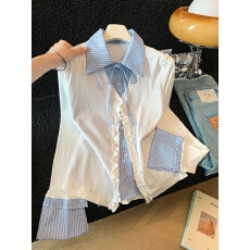 批发实拍POLO领<b class='q'>假两件</b><b class='q'>衬衫</b>女2026秋新款长袖条纹<b class='q'>衬衣</b>拼接上衣女