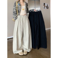 批发实拍 设计感鱼骨纹弯刀工装裤女秋季高腰宽松设计感褶皱<b class='q'>阔腿裤</b>