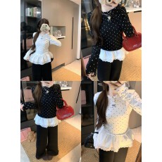 批发实拍  白色加绒加厚波点蕾丝内搭<b class='q'>打底衫</b><b class='q'>女</b>新款百搭长袖T恤上衣