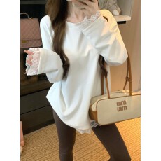 批发实拍 慵懒百搭<b class='q'>蕾丝</b>拼接长袖T复古蓬松羊毛提花开衫外套女<b class='q'>两件套</b>