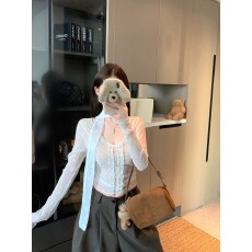 批发实拍  纯欲加厚加绒奶杏双层<b class='q'>蕾丝</b>捏褶花边掐腰灵动飘带打底衫女