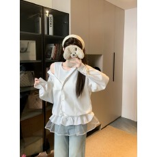 批发实拍  设计感小众荷叶边网纱拼接<b class='q'>衬衣</b><b class='q'>假两件</b>宽松上衣