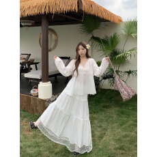 批发实拍   法式泡泡<b class='q'>裙</b>V领<b class='q'>娃娃</b>衫上衣春夏下摆蕾丝拼接蛋糕<b class='q'>裙</b>长<b class='q'>裙</b>