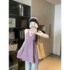 批发实拍  紫色碎花无袖背心<b class='q'>连衣裙女</b>夏季别致收腰茶歇裙子