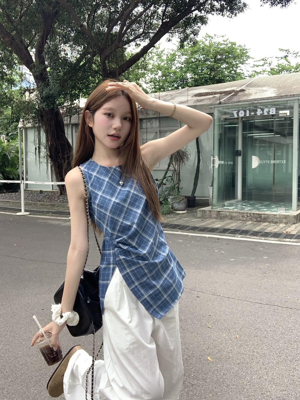 실사 프랑스식 Chic 레트로 파란색 체크무늬 조끼 여성 측면 트임 민소매 맨위