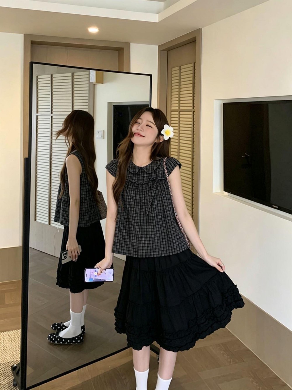 실사 자매 체크무늬 스트랩 반팔 여성 셔츠 여름 새로운 루즈핏 캐주얼 슬림해 보이는 레트로 인형 작은 셔츠