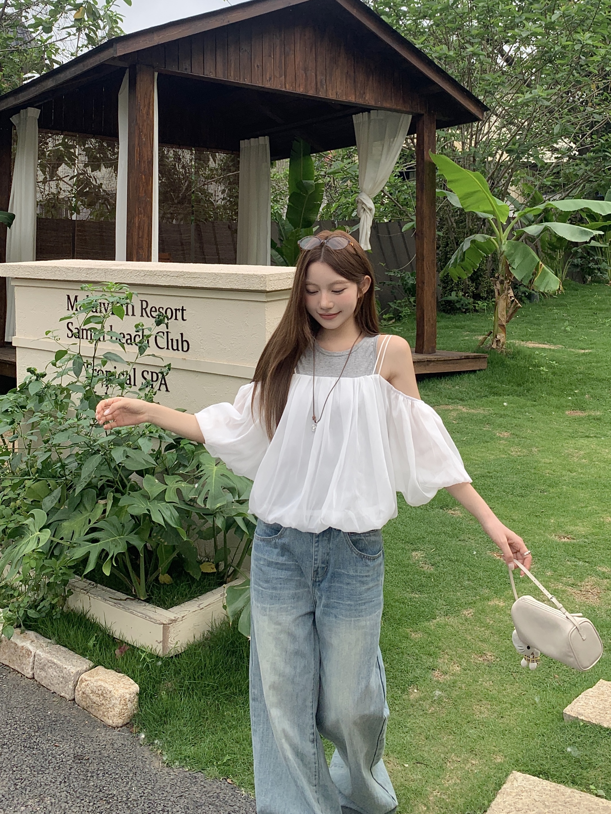 실사 디자인 센스 오프숄더 슬립 여름 한 부서 버블 치마 작은 셔츠 투피스 조끼
