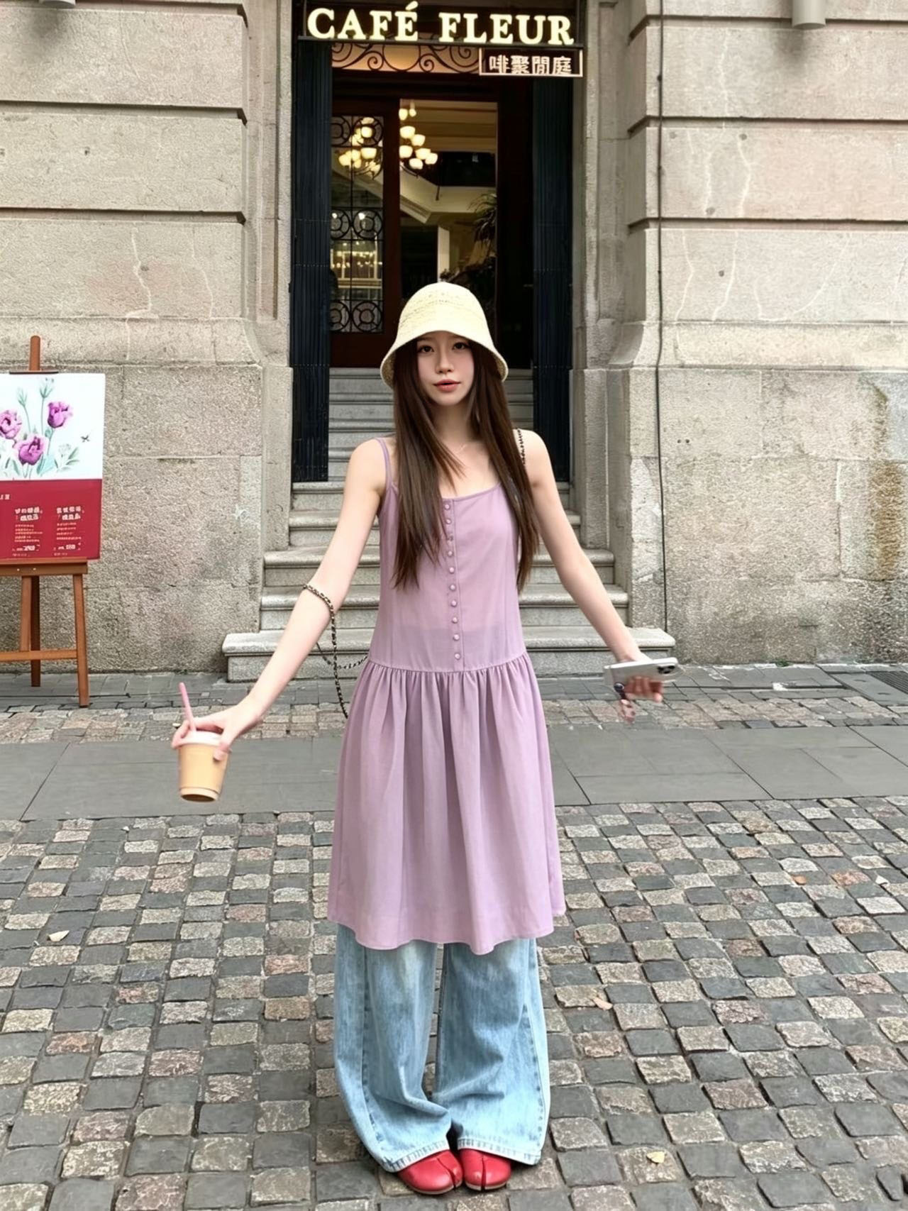 실사 여름 신제품 달콤함 연령 감소 보라색 싱글 줄 버튼 광장 칼라 슬립 여성 드레스