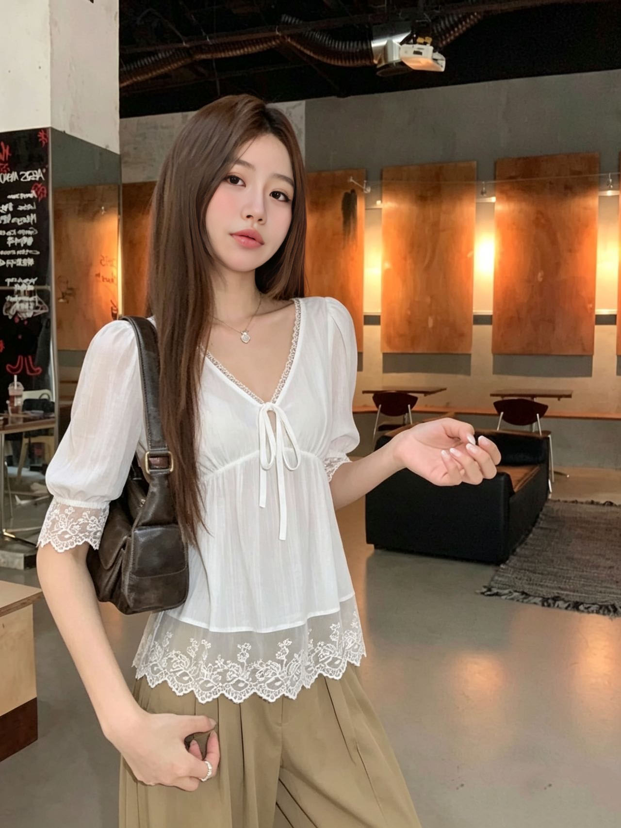 실사 작은 순수한 욕망 상쾌 레이스 레이스 V넥 작은 맨위 여성 여름 섹시함 쇼트 스타일 중간 소매 레이스 셔츠
