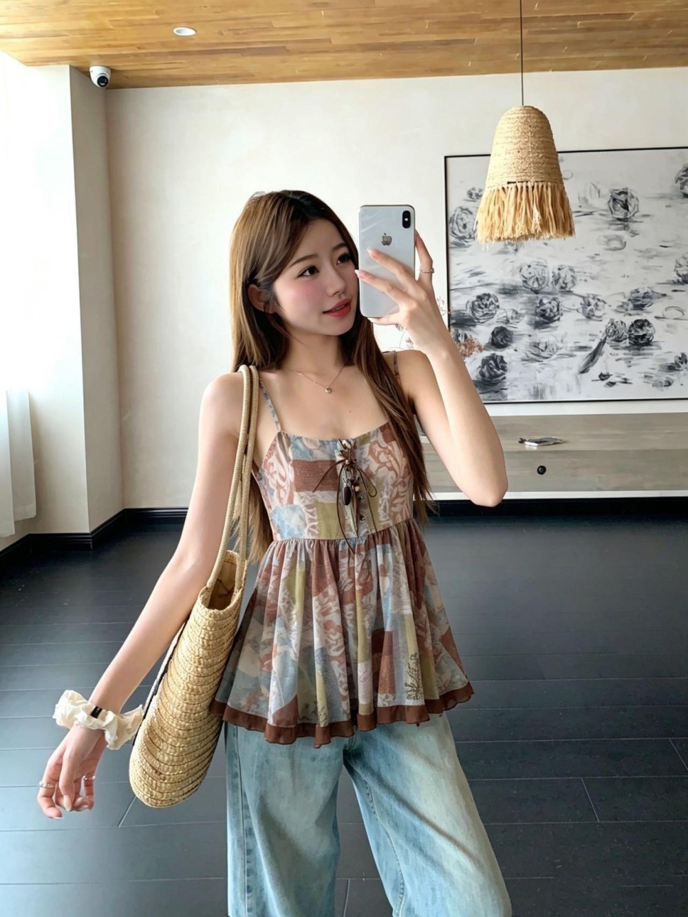 실사 레트로 휴가 바람 프릴 패치워크 레이스업 디자인 센스 몸매 가꾸기 슬림해 보이는 한 마디 슬립 맨위