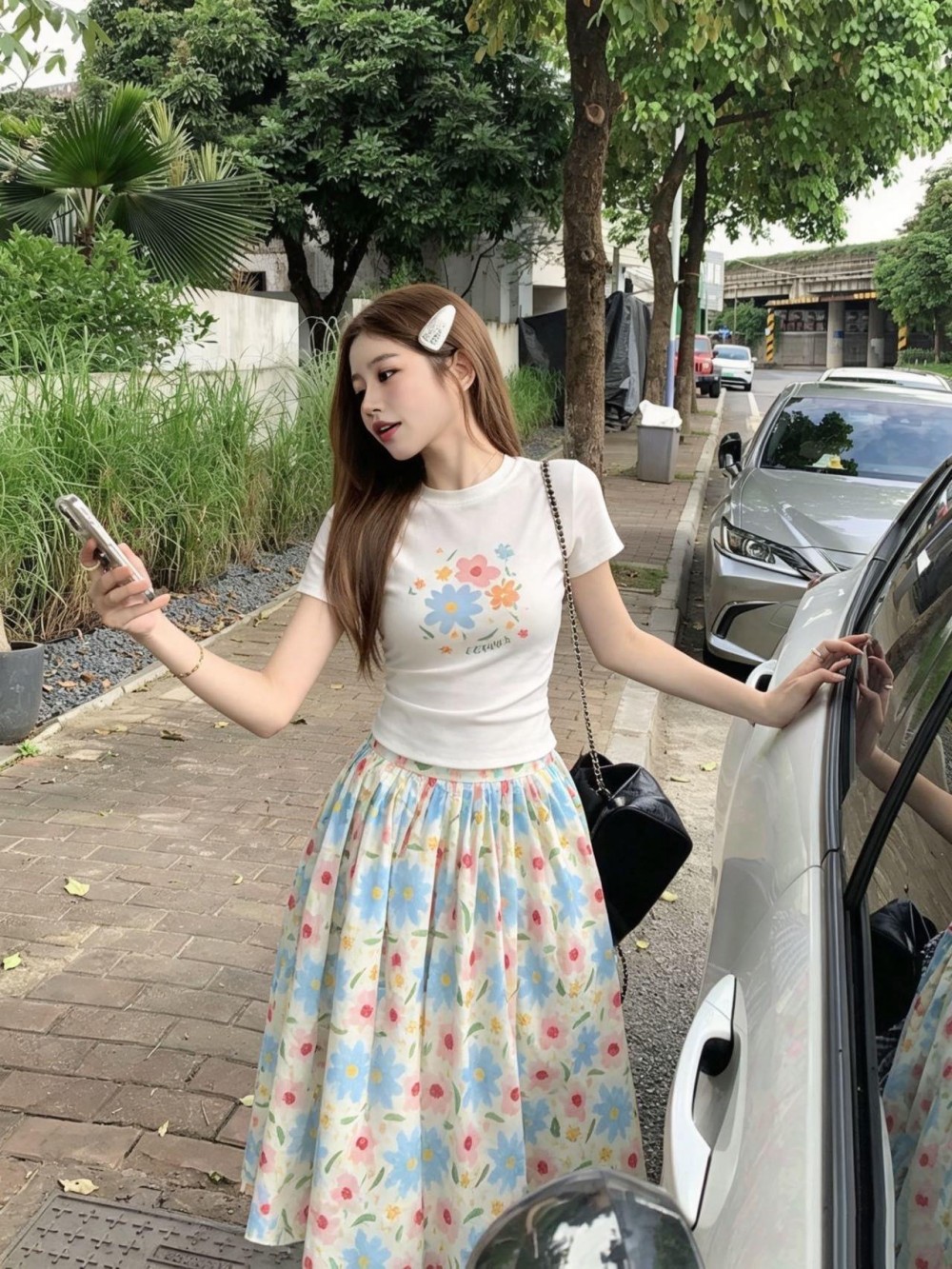 실사 전원 바람 꽃무늬 반신 스커트 여성 여름 하이웨이스트 루즈핏 디자인 캐주얼 롱 스커트 긍정적 인 어깨 라운드 넥 프린트 t