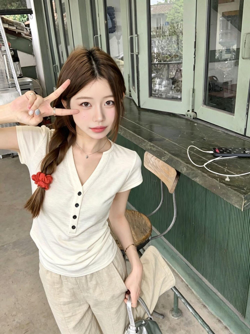 실사 한 부서 V넥 반팔 티셔츠 여성 여름 디자인 센스 작은 대중 몸매 가꾸기 슬림해 보이는 맨위 여성