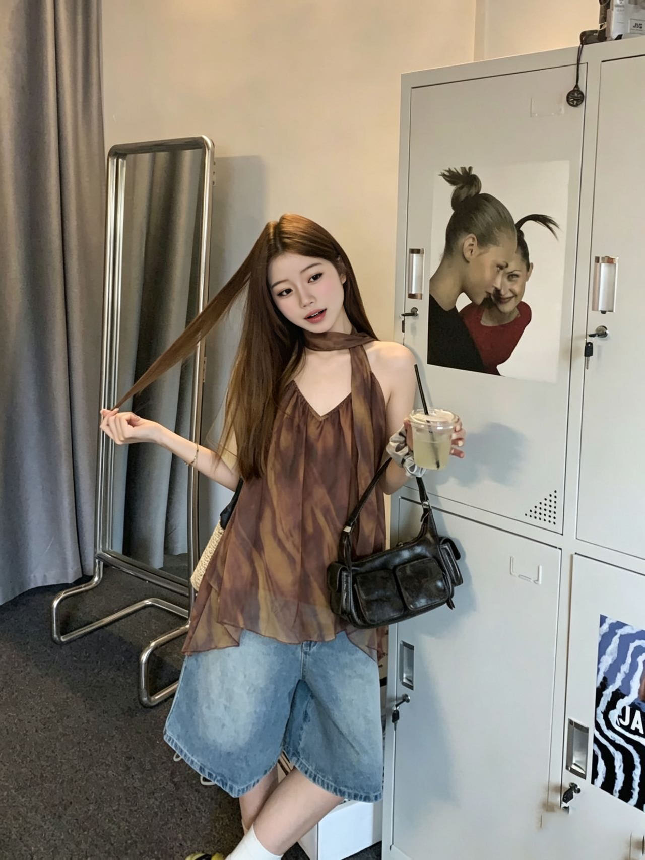 실사 레트로 고급 커피 색상 홀치기 염색 프린트 캐미솔 봄 품격 루즈핏 다용도 맨위