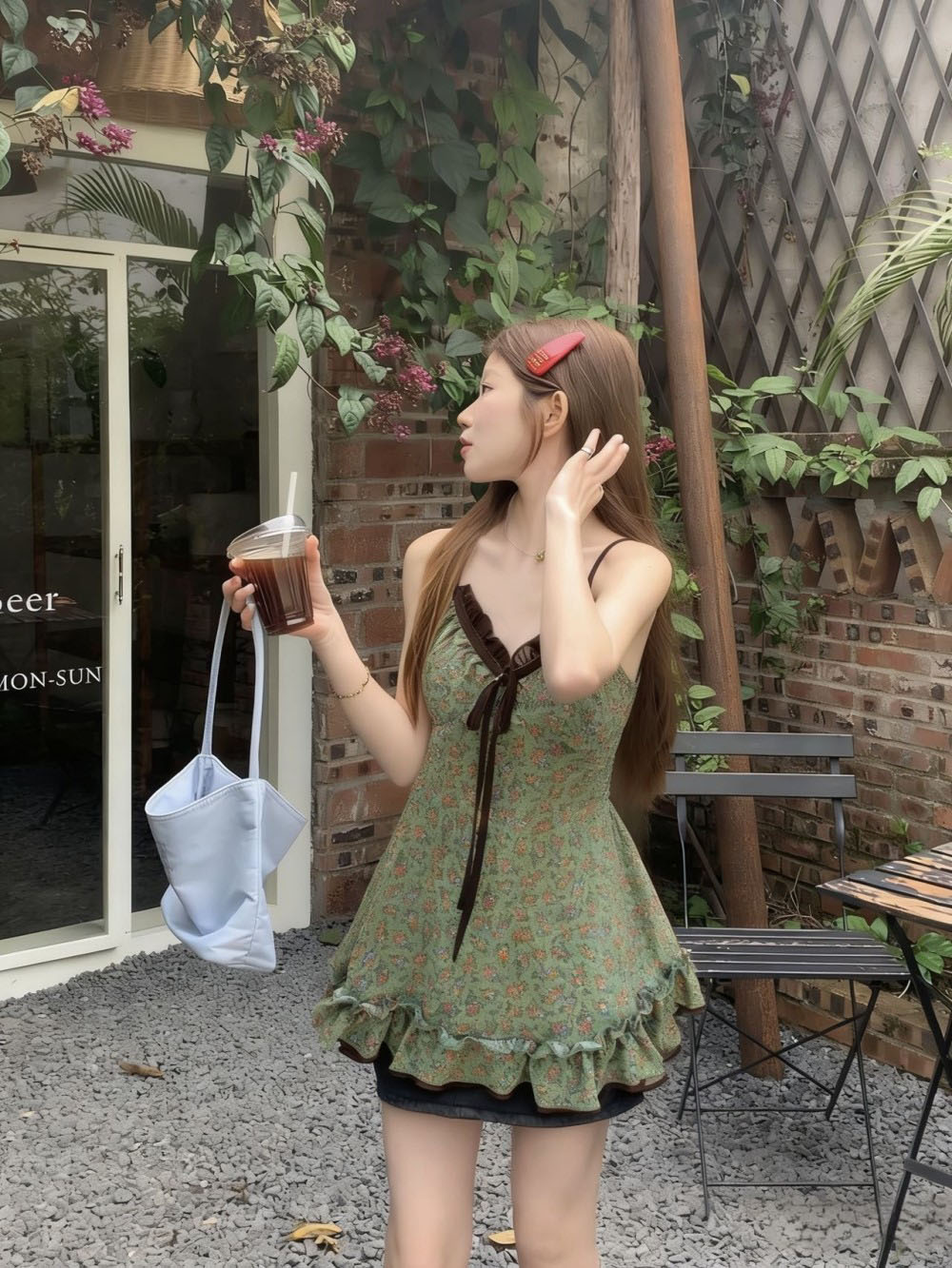 실사 레트로 배색 꽃무늬 슬립 페이크 레이어드 V넥 순수한 욕망 조끼 맨위