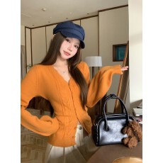 批发实拍 设计感爱心扣V领毛针织开衫女修身显瘦外搭上衣秋