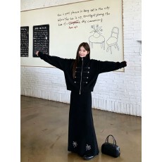批发实拍   秋冬新款拿破仑立领长袖开衫+<b class='q'>高腰</b>坑纹亮片手工针织<b class='q'>半身裙</b>