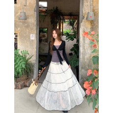 批发实拍 秋新品下肩设计感假两件修身上衣T百搭蕾丝撞色<b class='q'>伞</b><b class='q'>裙</b>两件套