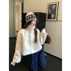 实拍 白色奶呼呼羊羔毛短款外套立领设计感小个子上衣