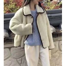 批发已出 韩国chic复古皮毛一体翻领羊羔毛拼色包边棉服外套