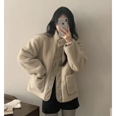 批发韩国chic 立领拼接羊羔毛棉服外套女