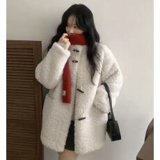 批发韩国chic 牛角扣皮毛一体中长款羊羔毛外套