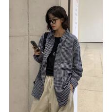 批发韩国chic 复古休闲<b class='q'>格子</b>长袖<b class='q'>衬衫女</b>