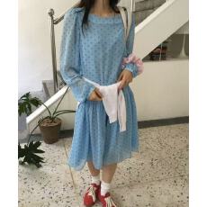 批发已出 韩国chic复古圆领<b class='q'>雪纺</b>波点长袖连衣裙女