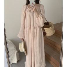 批发已出 韩国chic法式圆领露背系带宽松褶皱泡泡袖<b class='q'>连衣裙</b>女