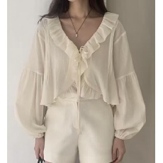 批发已出 <b class='q'>韩国</b>chic法式V领绑带防晒荷叶边雪纺衬衫女