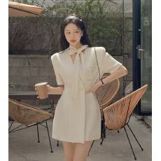 批发韩系chic 设计感小众收腰显瘦飘带短袖西服上衣