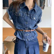 批发韩系chic 复古气质收腰显瘦百搭短袖牛仔衬衫女