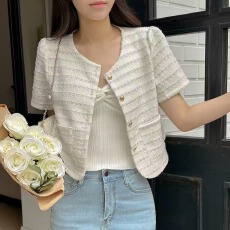 批发韩系chic 撞色条纹单排扣小香风短袖外套女