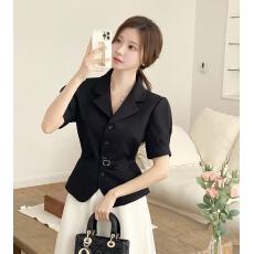 批发韩系chic 简约风翻领腰带收腰显瘦短袖西装外套女