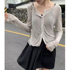 批发韩系chic 温柔淑<b class='q'>女</b>木耳褶薄透纯色长袖针织<b class='q'>开衫</b>