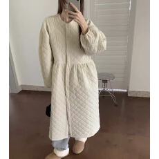 批发已出 韩系chic圆领单排扣菱形格夹棉连衣裙宽松娃娃裙子