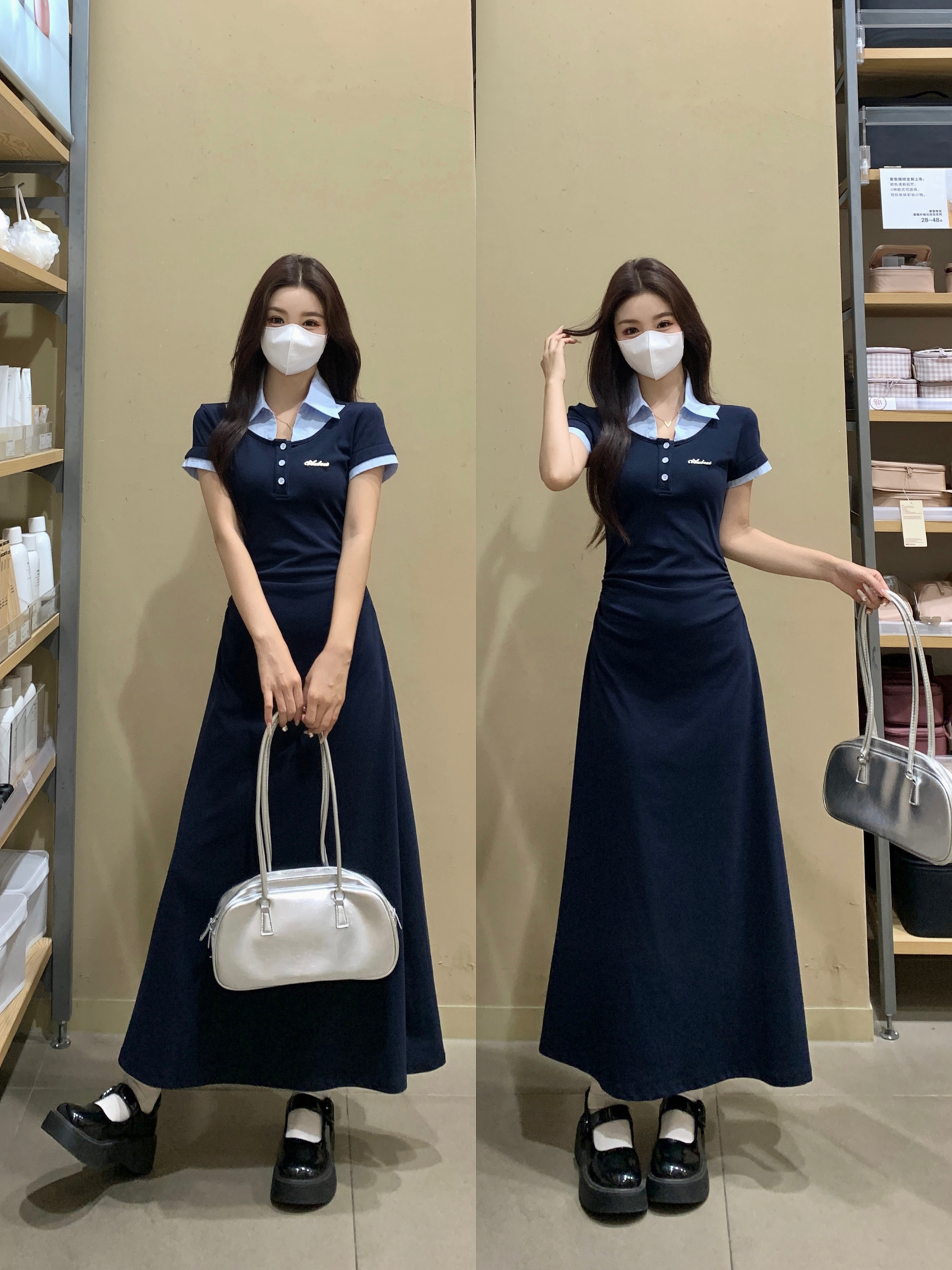 실사 빅 사이즈 폴로 칼라 반팔 여성 드레스 2026 년 여름 새로운 작은 대중 디자인 허리 수축 품격 롱 스커트