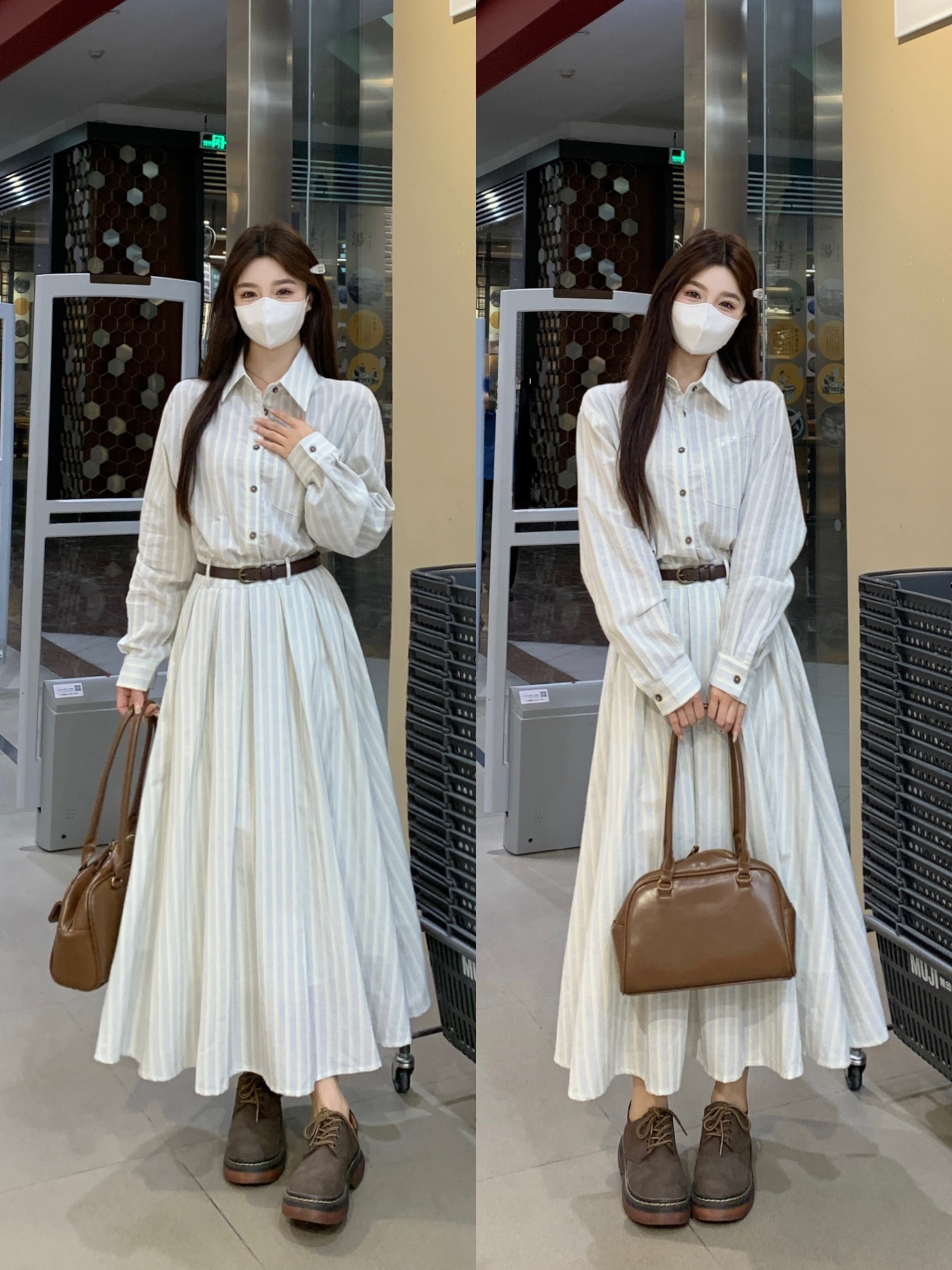 실사 빅 사이즈 여성 의류 2026 봄 프랑스식 스트라이프 고급 센스 학원 스타일 슬림해 보이는 긴팔 셔츠 허리 수축 드레스