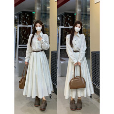 批发实拍大码女装2026春法式条纹高级感学院风显瘦长袖衬衫收腰连衣裙