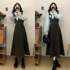 批发实拍<b class='q'>大码</b><b class='q'>女装</b>秋新学院风复古显瘦条纹拼接设计感连衣裙假两件裙子